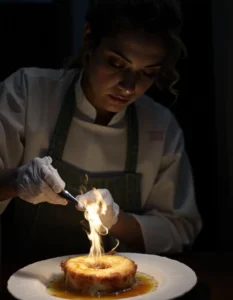 Chef preparing a dessert with precision, using a culinary torch to caramelize the top, creating a dramatic flame effect in a dimly lit kitchen.